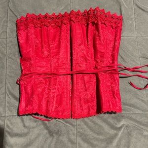 Y2K red jacquard print FOH lace up corset with detailed lace trim
